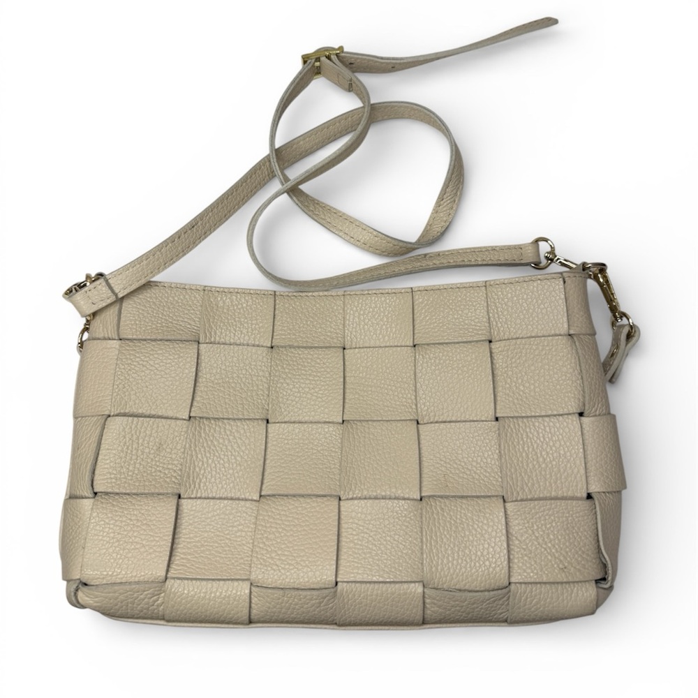 Anna Paola Leather Basketweave Zip Top Brit Shoulder Bag Made in Italy